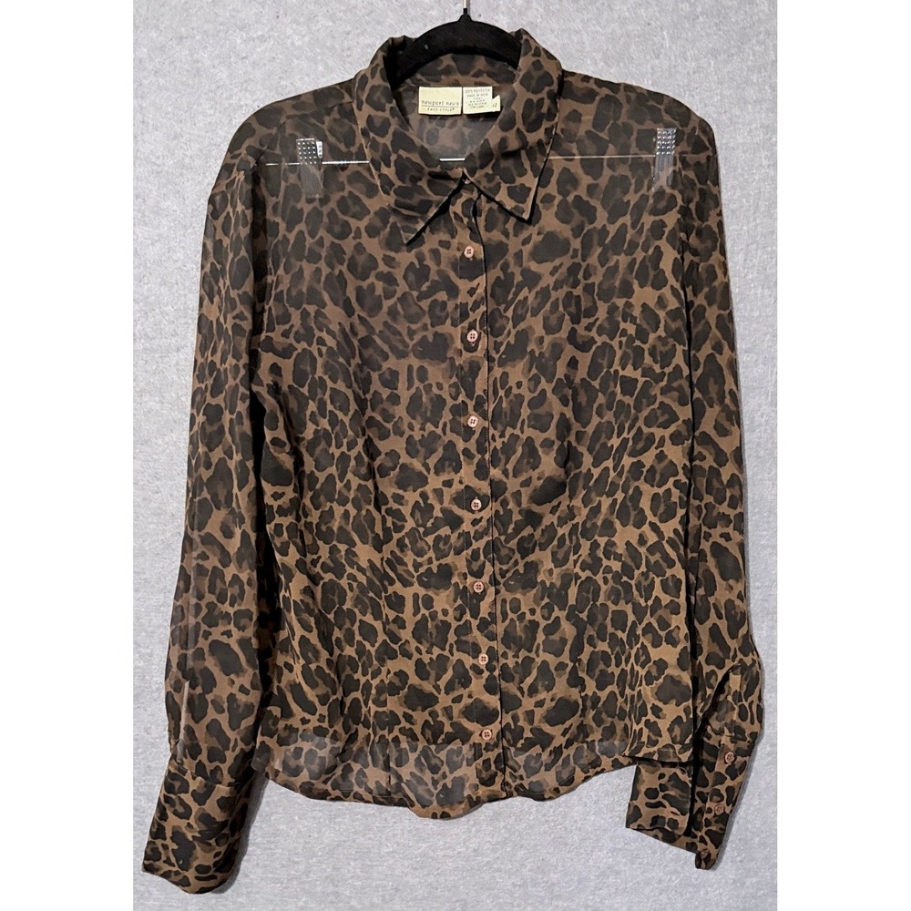 Newport News Leopard Print Blouse Sheer Button Down Shirt 12 Y2K Indie Mob Wife